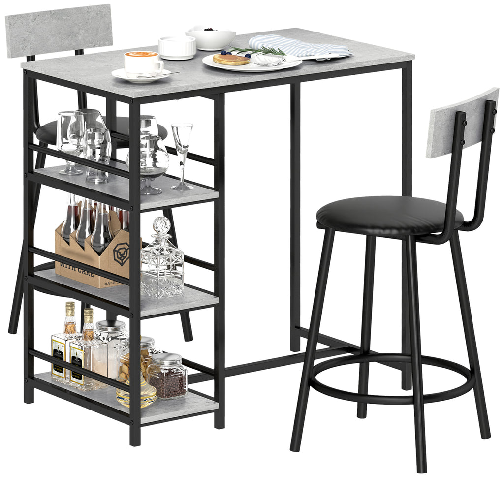 3 Piece Dining Set with Bar Counter with Shelves and 2 High Chairs with Backrest, Light Grey