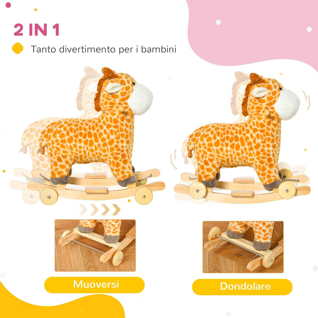 HOMCOM Giraffe Rocking Horse for Children Ages 3-6 with Wheels and Sounds, 63x38x63cm, Yellow