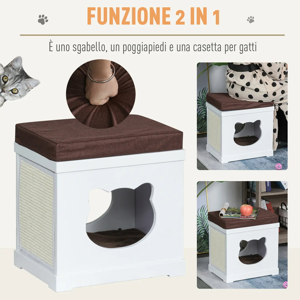 Wooden Cat House with 2 Pillows and Removable Scratching Post, White and Brown, 41x30x36cm - Borge' Group Limited