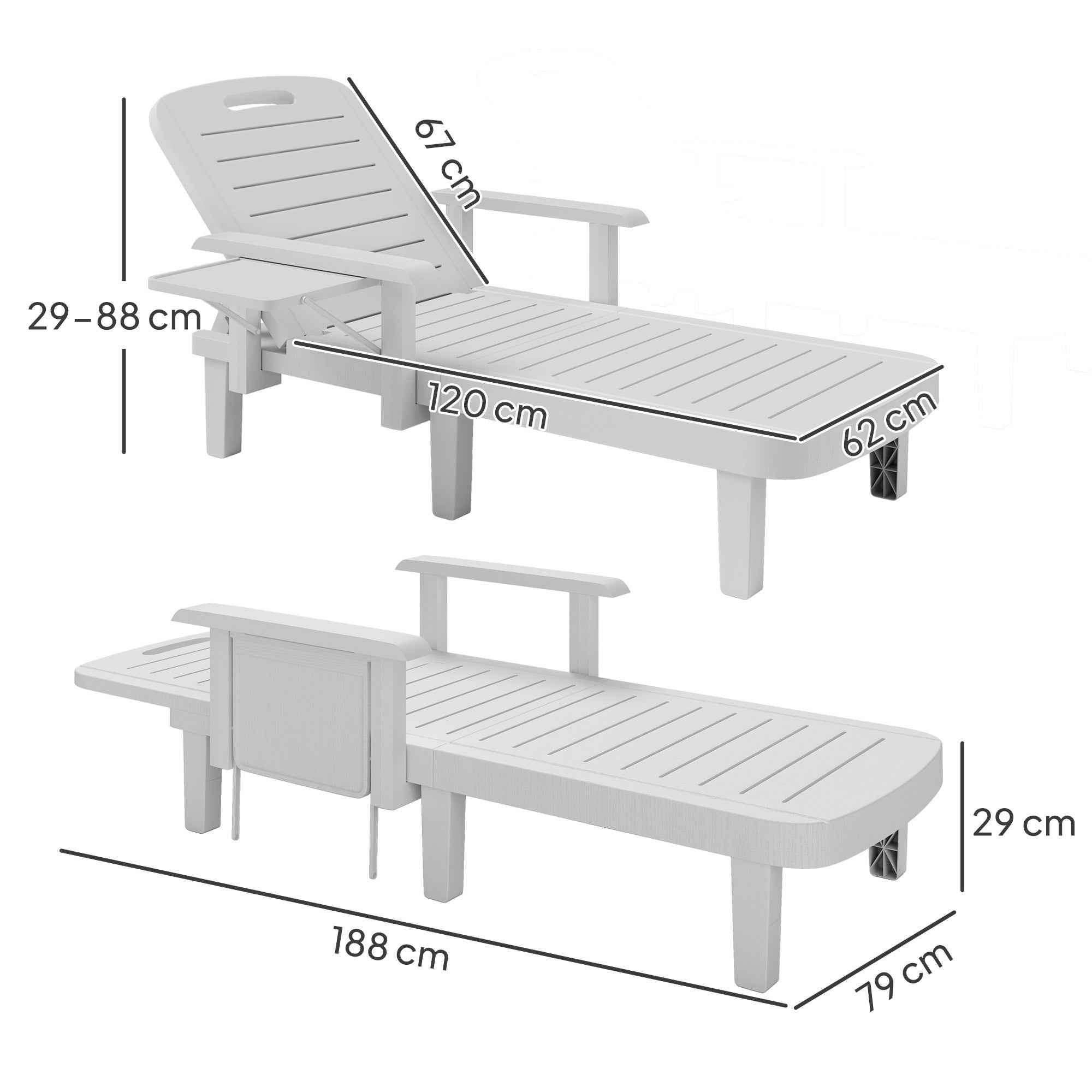 Outsunny Set of 2 Adjustable Garden Loungers with Table and Armrests, in Polypropylene, 79x158x88 cm, White