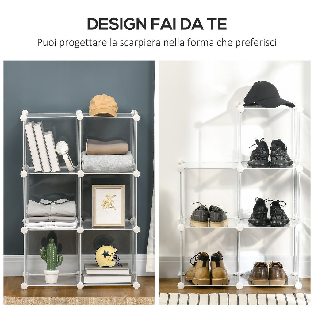 Mobile Space-saving Modular Shoe Rack, 6 Cubes in PP Plastic, 65x32x162 cm, Transparent