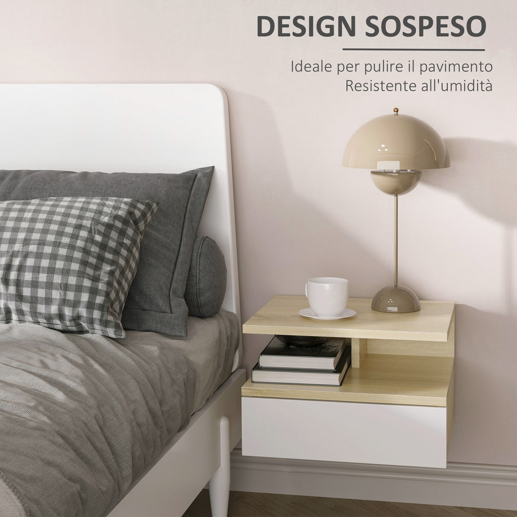 HOMCOM Set of 2 Suspended Bedside Tables with Drawer and Upper Shelf, in Wood, 35x32x22.5 cm, White and Oak - Borgè