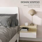 HOMCOM Set of 2 Suspended Bedside Tables with Drawer and Upper Shelf, in Wood, 35x32x22.5 cm, White and Oak - Borgè