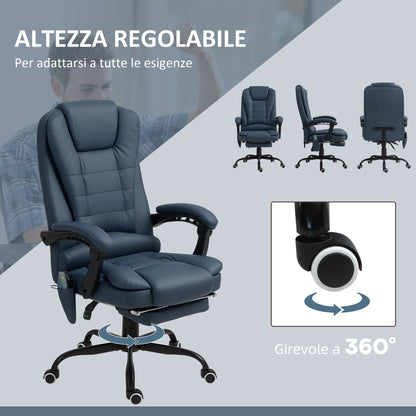 Office Armchair with 7 Massage Points and Footrest, in PU Leather and Steel, 67x67x111-121 cm, Blue