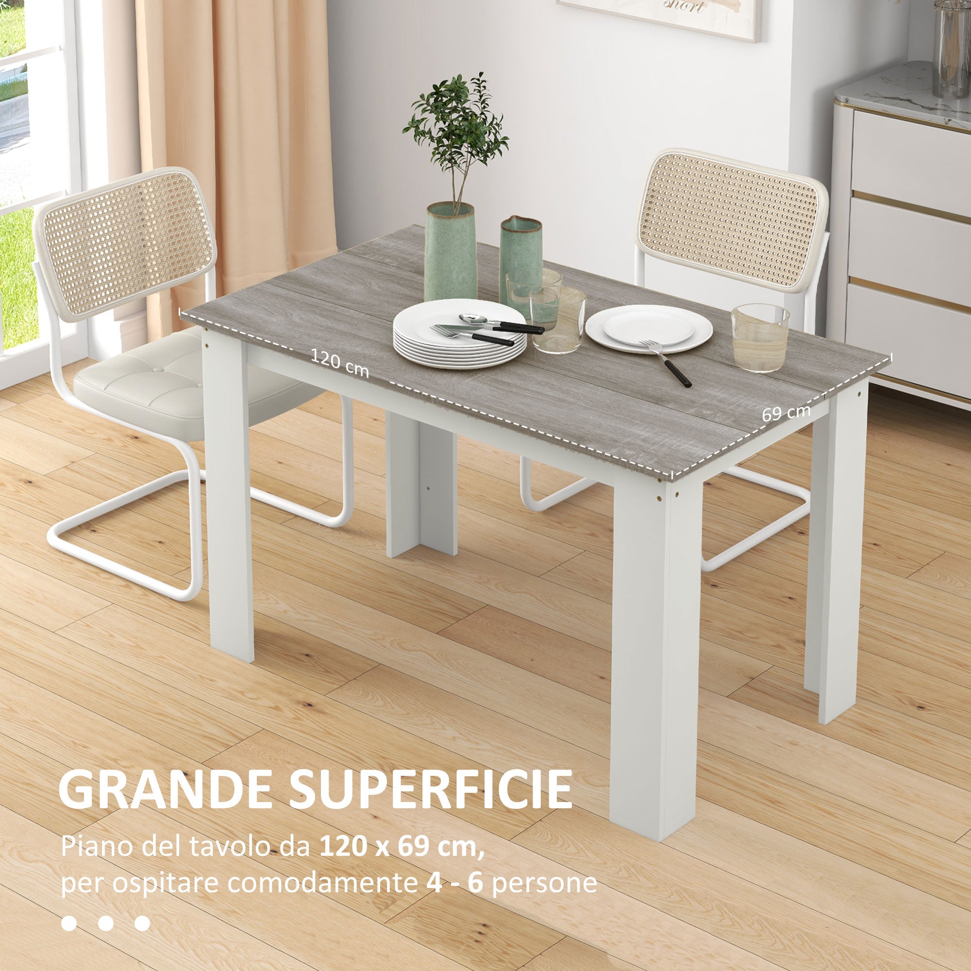 Modern Wooden Dining Table for 4-6 People, 120x69x75cm, Grey and White