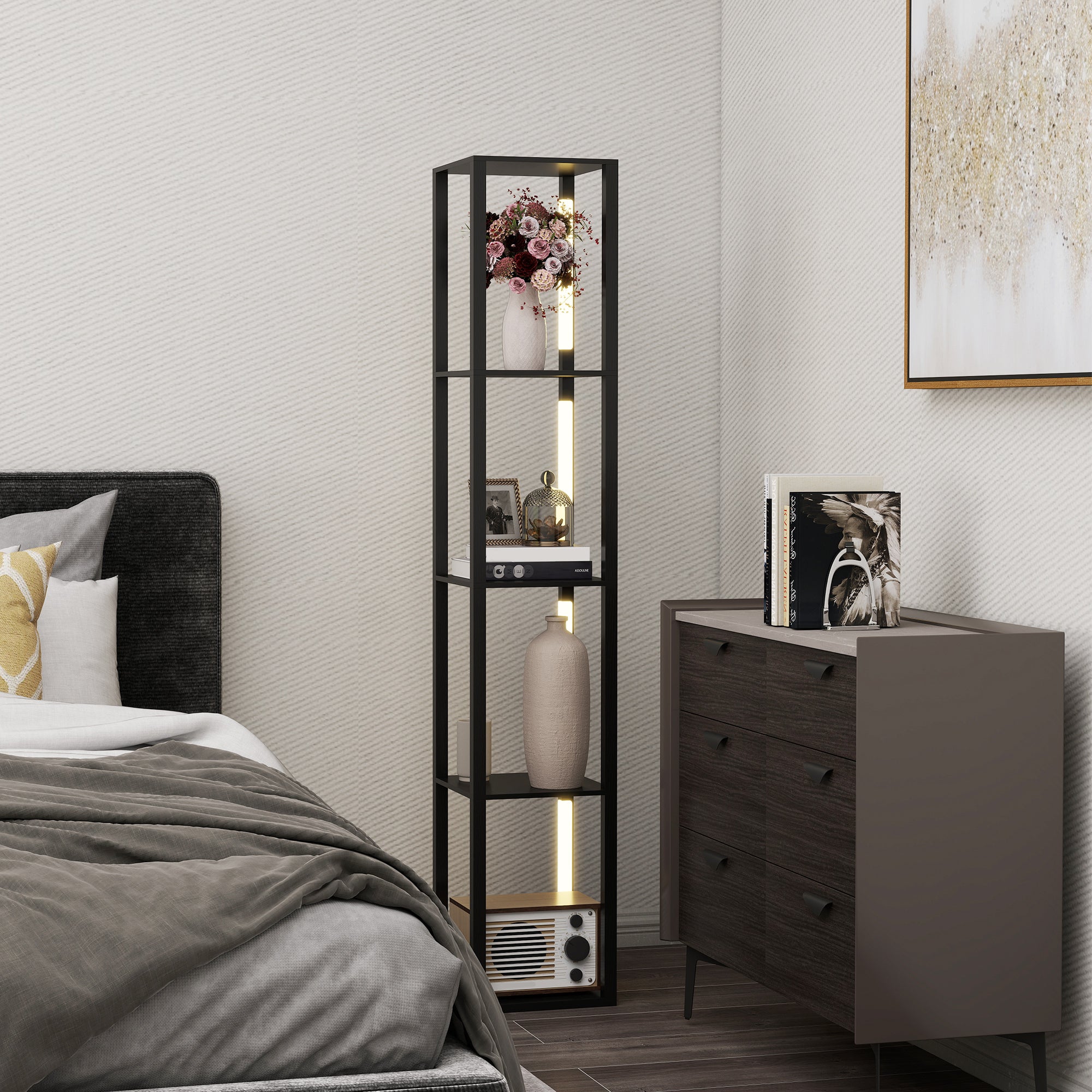 Floor Lamp with 4 Shelves, 3 Adjustable Brightness and Foot Switch, 29x29x163 cm, Black
