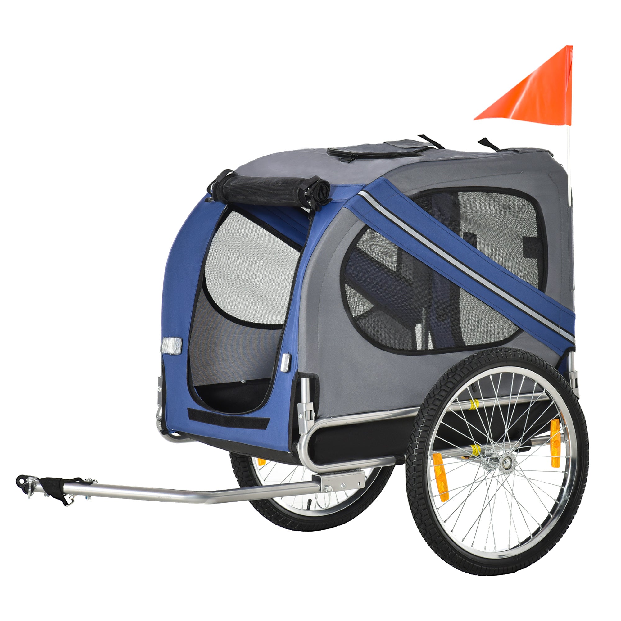 Pawhut bicycle trailer for dogs and cats 2 large 50cm wheels good ventilation flag safety flag resistant to blue and gray rail steel and oxford fabric - Borgè