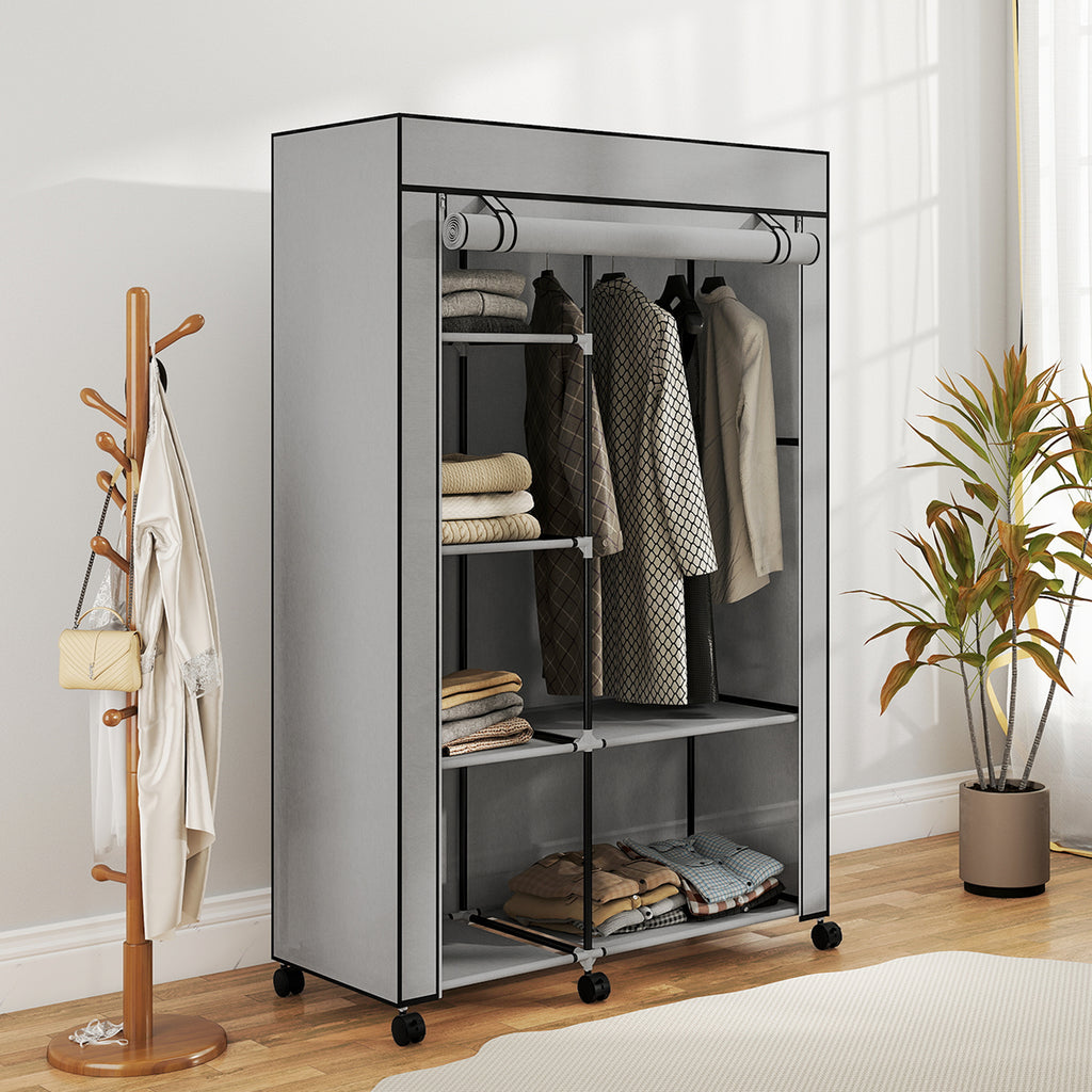 HOMCOM Portable Non-Woven Fabric and Steel Wardrobe with Wheels, 6 Open Shelves, Clothes Hanger, Light Grey
