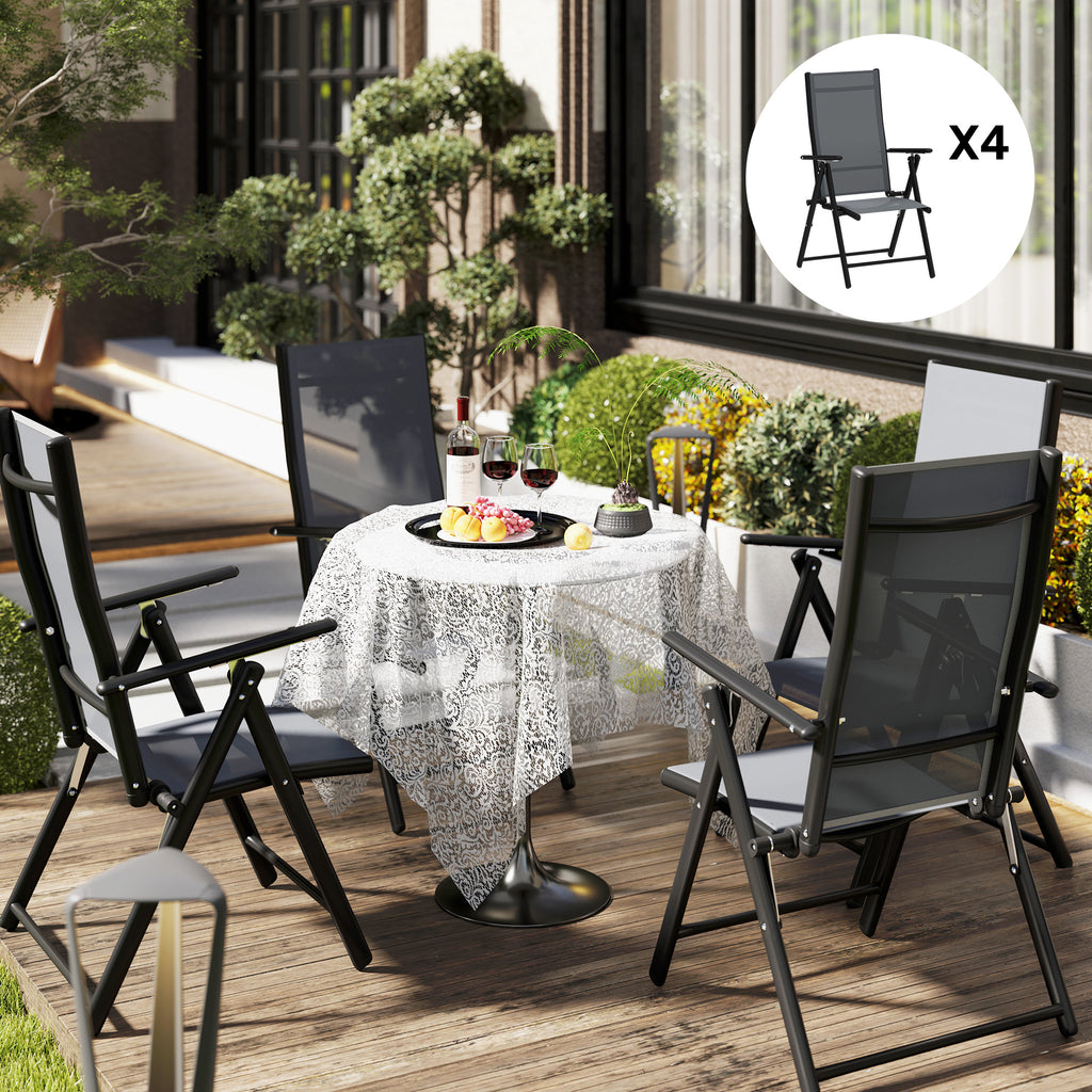 Set of 4 Folding and Breathable Garden Chairs with Armrests, in Steel and Polyester, 56x69x106 cm, Grey