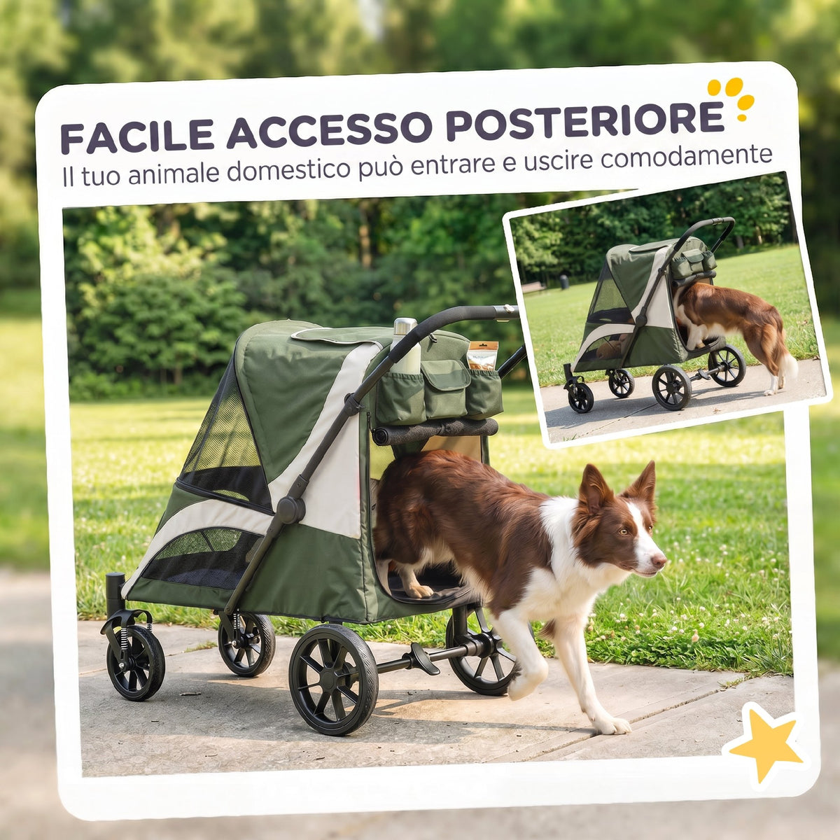 PawHut Medium Dog Stroller, Foldable with Mesh Windows, Cushion and Leash, 124 x 67 x 100 cm, Dark Green