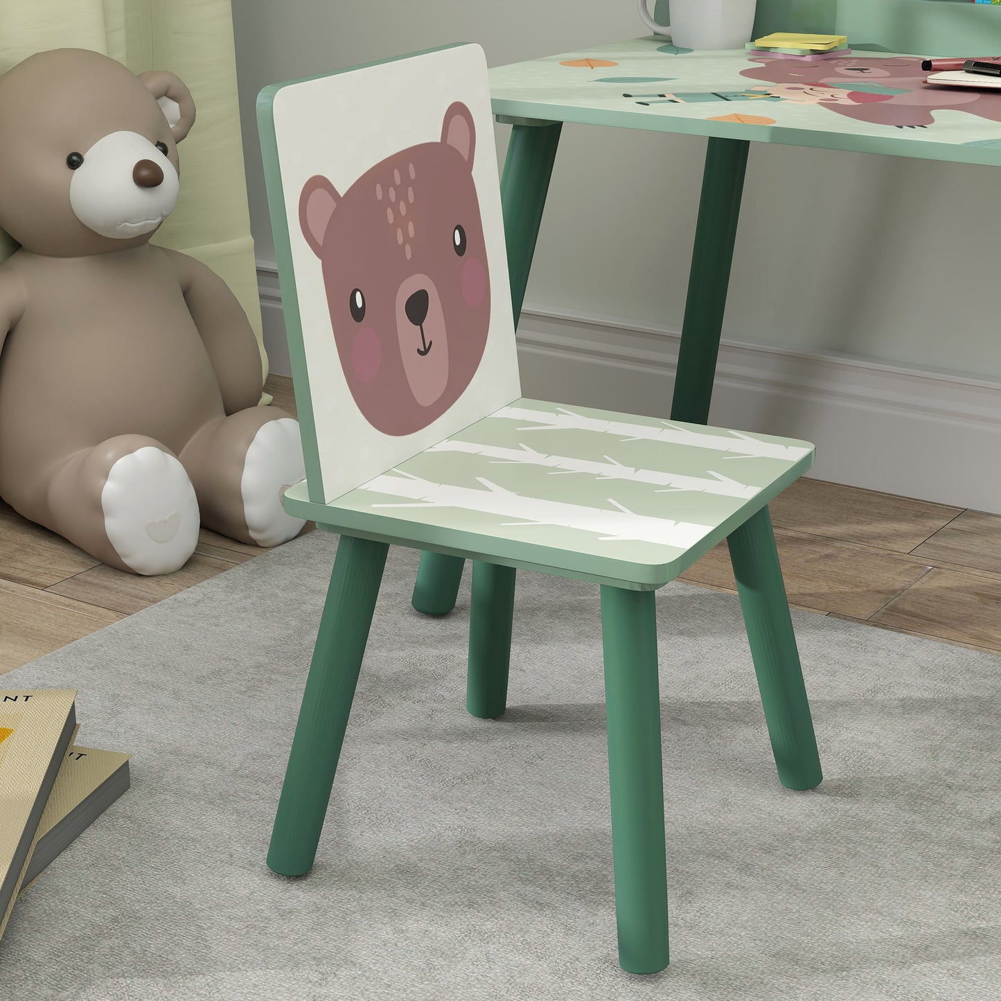 Children's Chair and Table Set with Storage Shelf, in MDF and Pine Wood, Green