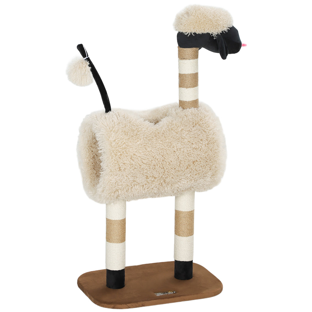 PawHut Sheep Cat Tree with Black Nose, Jute Posts, Tunnel and Ball, Light Brown