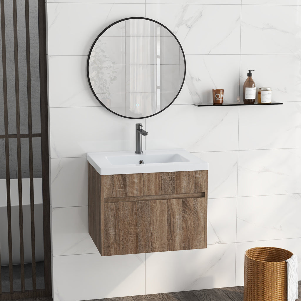 60cm Vanity Unit with Wooden Drawer and Ceramic Sink, Light Brown