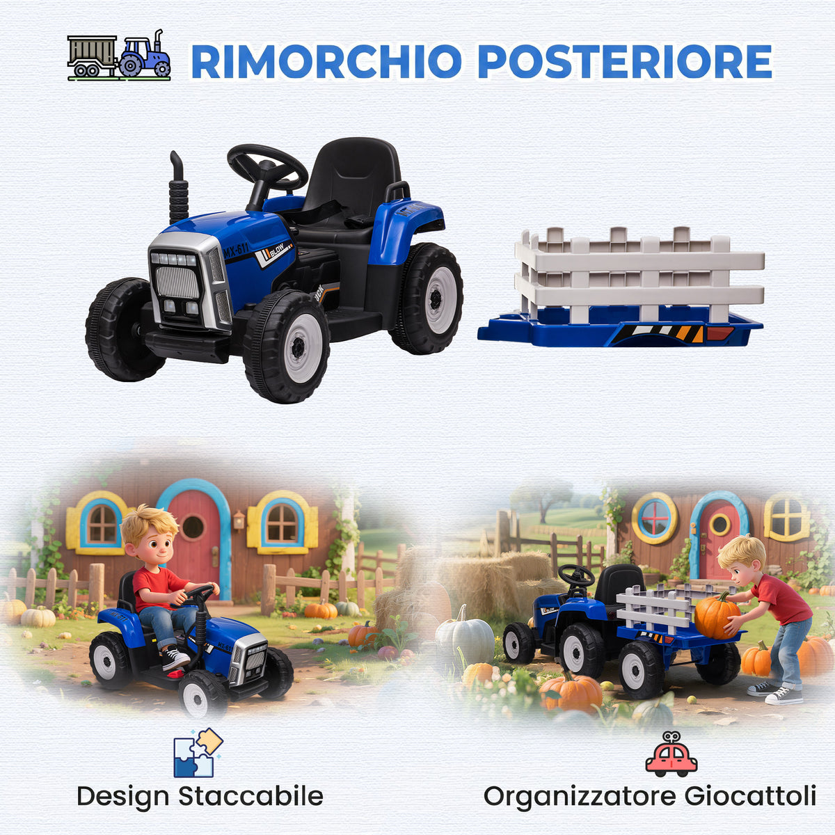 HOMCOM Electric Tractor for Kids with Removable Trailer, Remote Control, USB Port, Music and Lights, Ages 3-6 Years, Blue