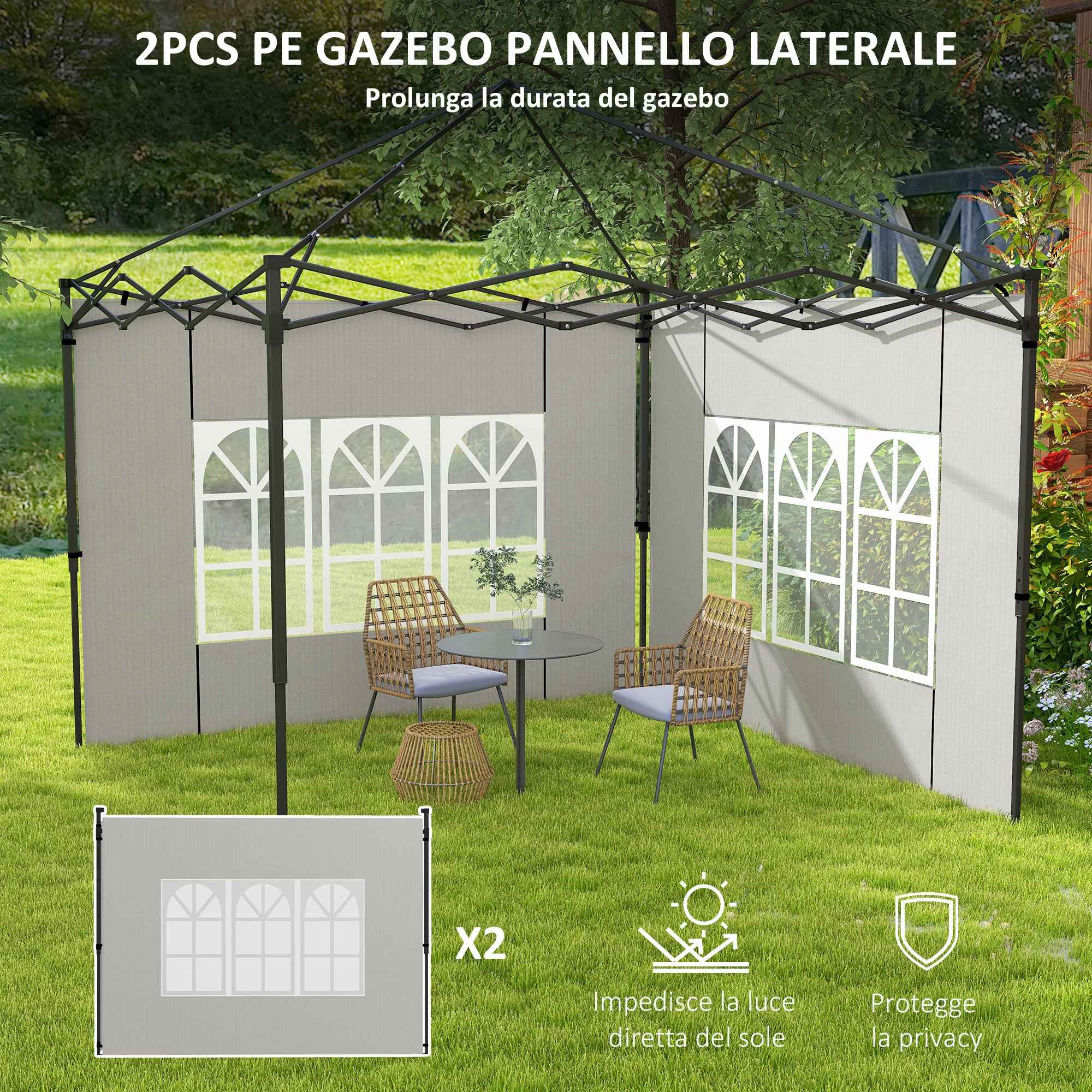 Outsunny Set of 2 Side Walls for Gazebos 3x3 m and 3x6 m with Windows, in PE and Plastic, 293x193 cm, White