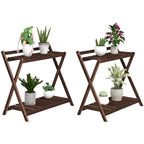 Set of 2 2-Tier Plant Holders with Slatted Design in Fir Wood, 73x36x64 cm, Burnt Brown