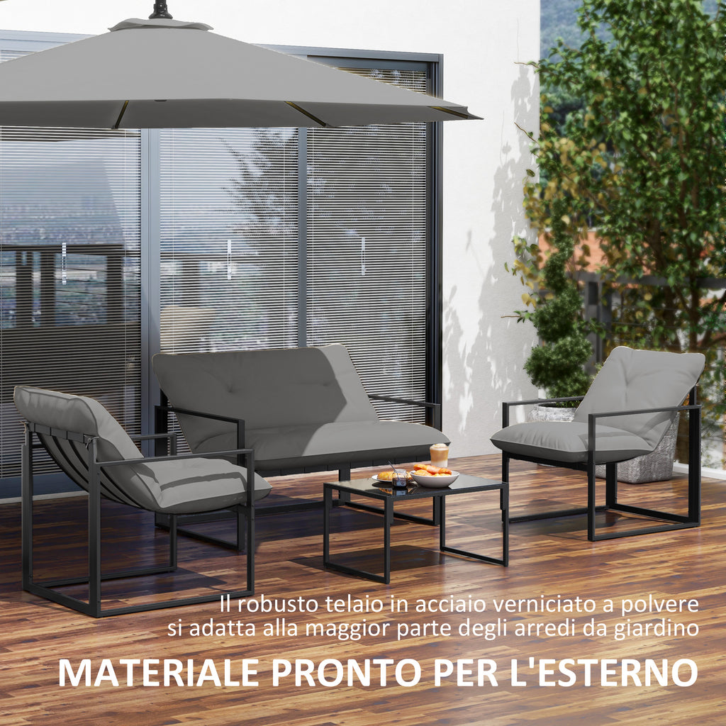 Outsunny 4-Piece Garden Set with Sofa, 2 Armchairs and Coffee Table, in Steel, Polyester and PP Cotton, Black and Grey