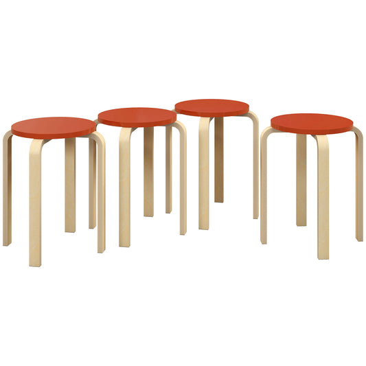 Set of 4 Round Modern Stackable Kitchen and Bar Stools in Wood, Ø40x54cm, Red and Wood