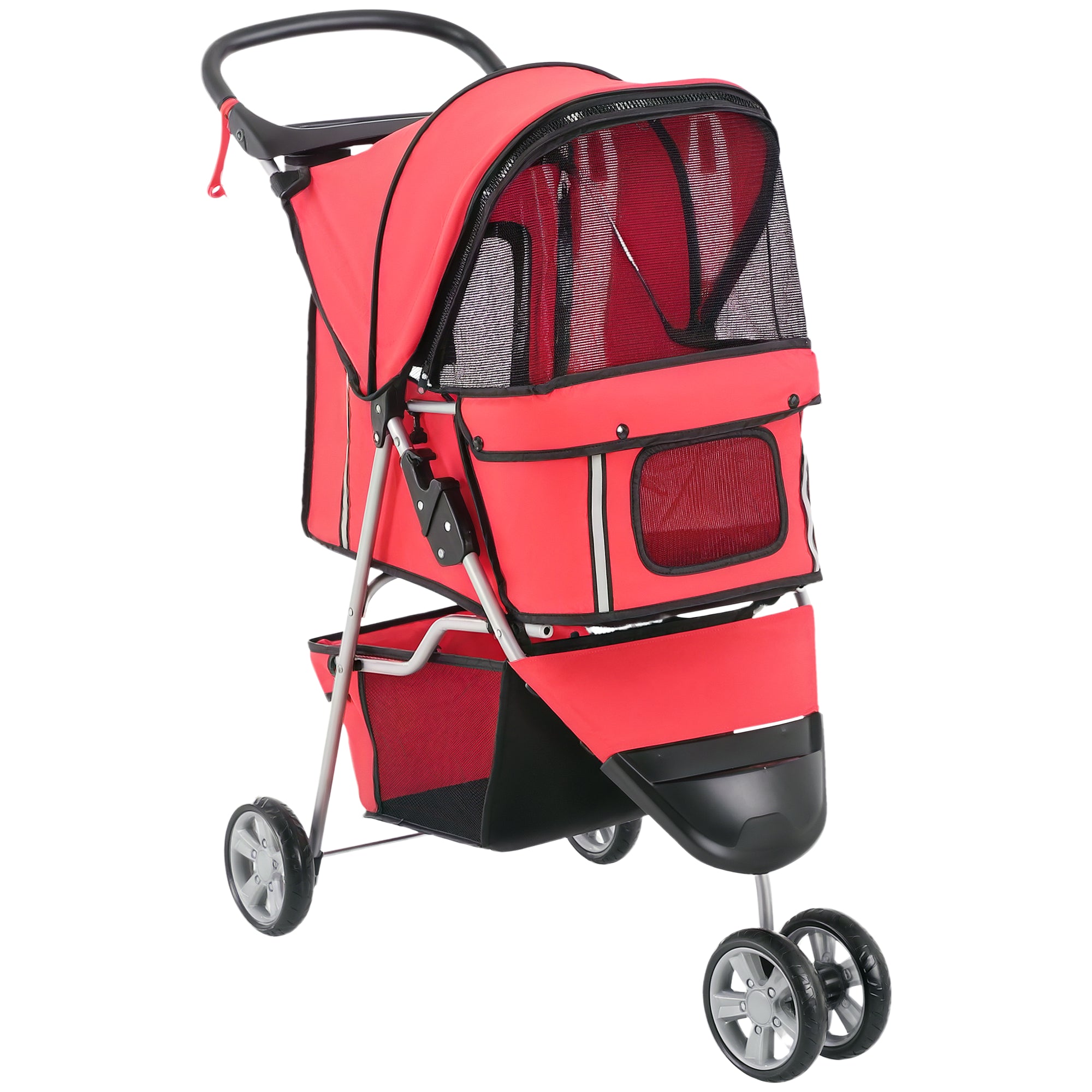 Folding Dog Stroller for Small Dogs, Dog Pushchair with Braked Wheels, Cup Holder, Storage Basket and Removable and Washable Padding, for Pets up to 10 kg, Red