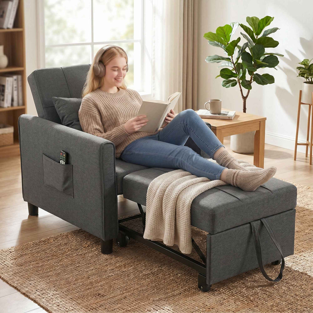 HOMCOM 3-in-1 Single Sofa Bed in Linen-Effect Fabric and Wood with Reclining Backrest, 69x82x85 cm, Grey