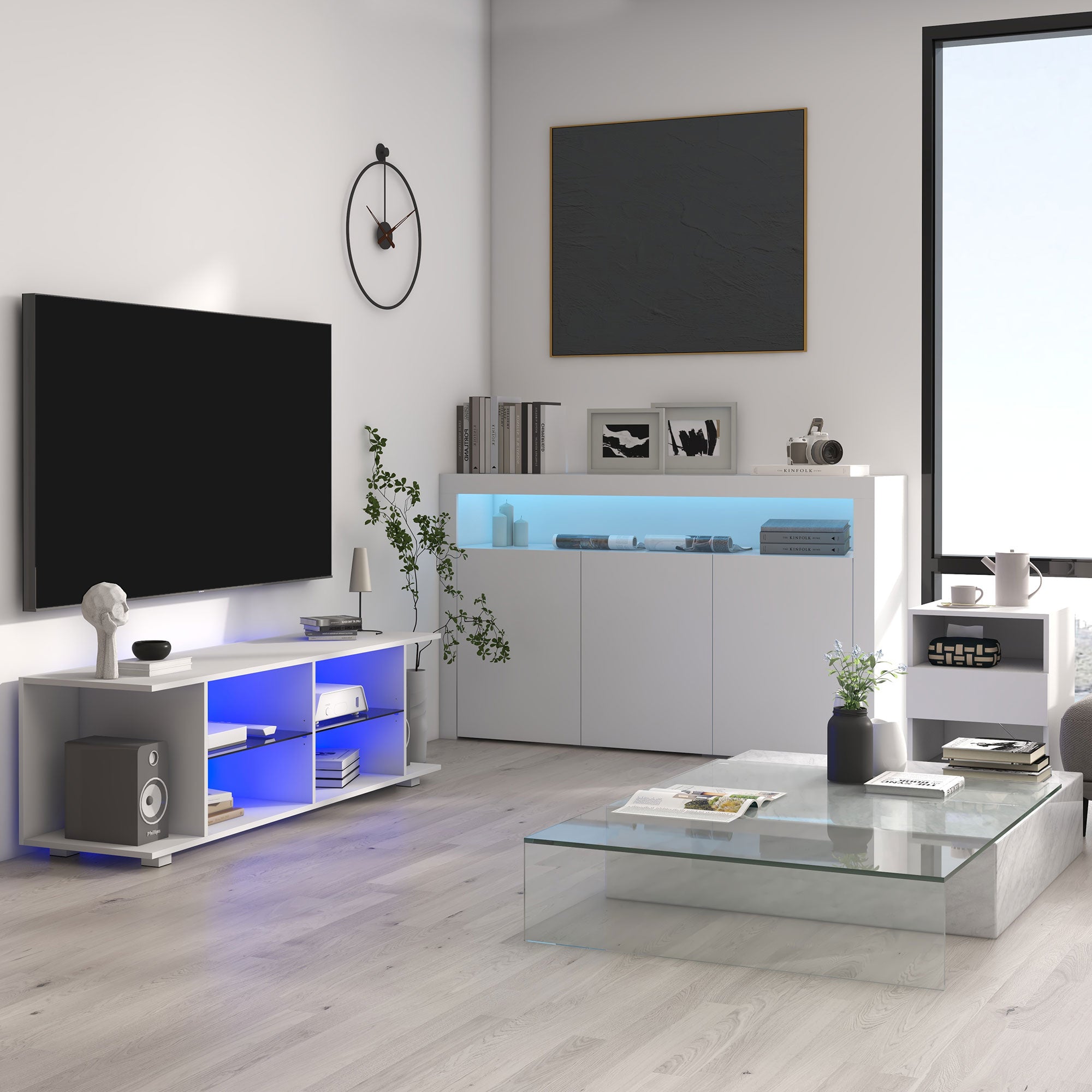 HOMCOM Modern 3-Door Sideboard with Colorful LED Lights and Remote Control, Wooden, 155x40x92cm - White