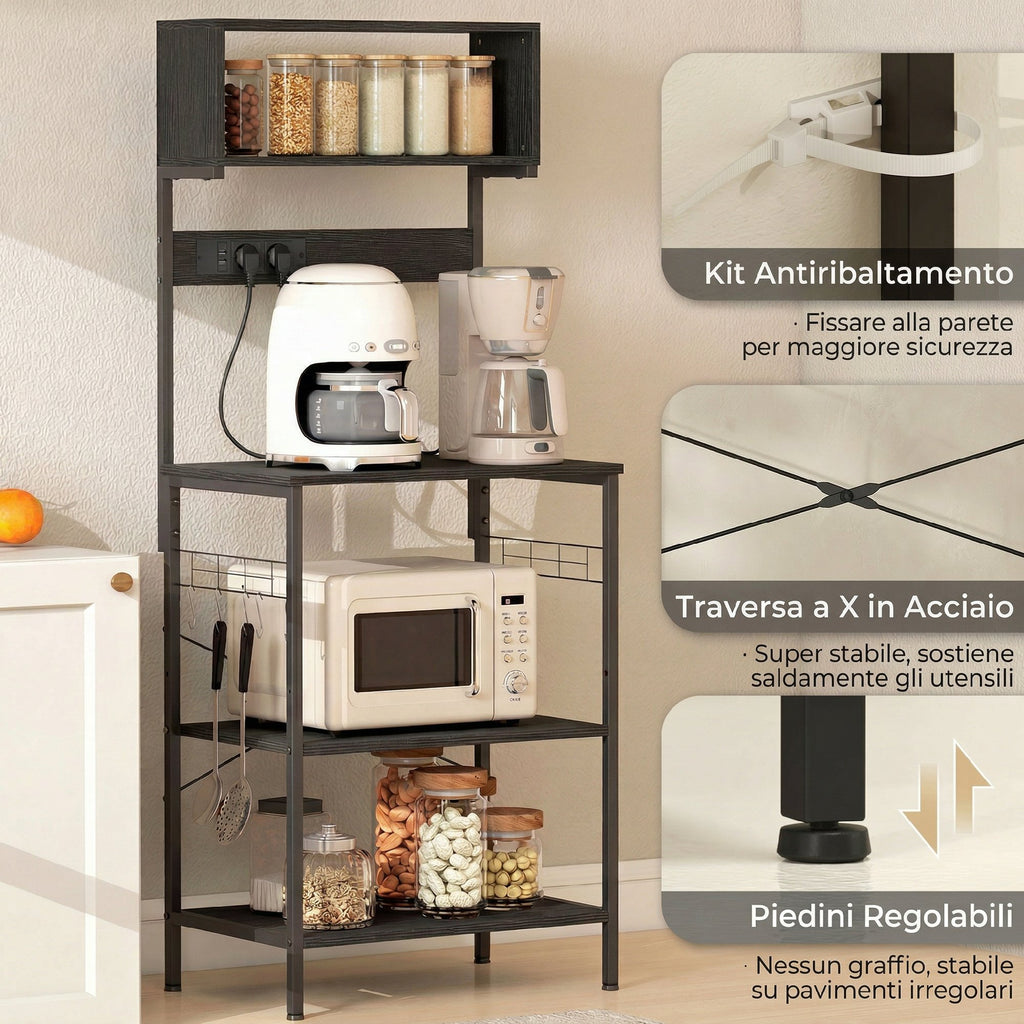 HOMCOM Industrial Kitchen Shelf with Microwave Socket, Shelves and Hooks, Wood and Steel, Black