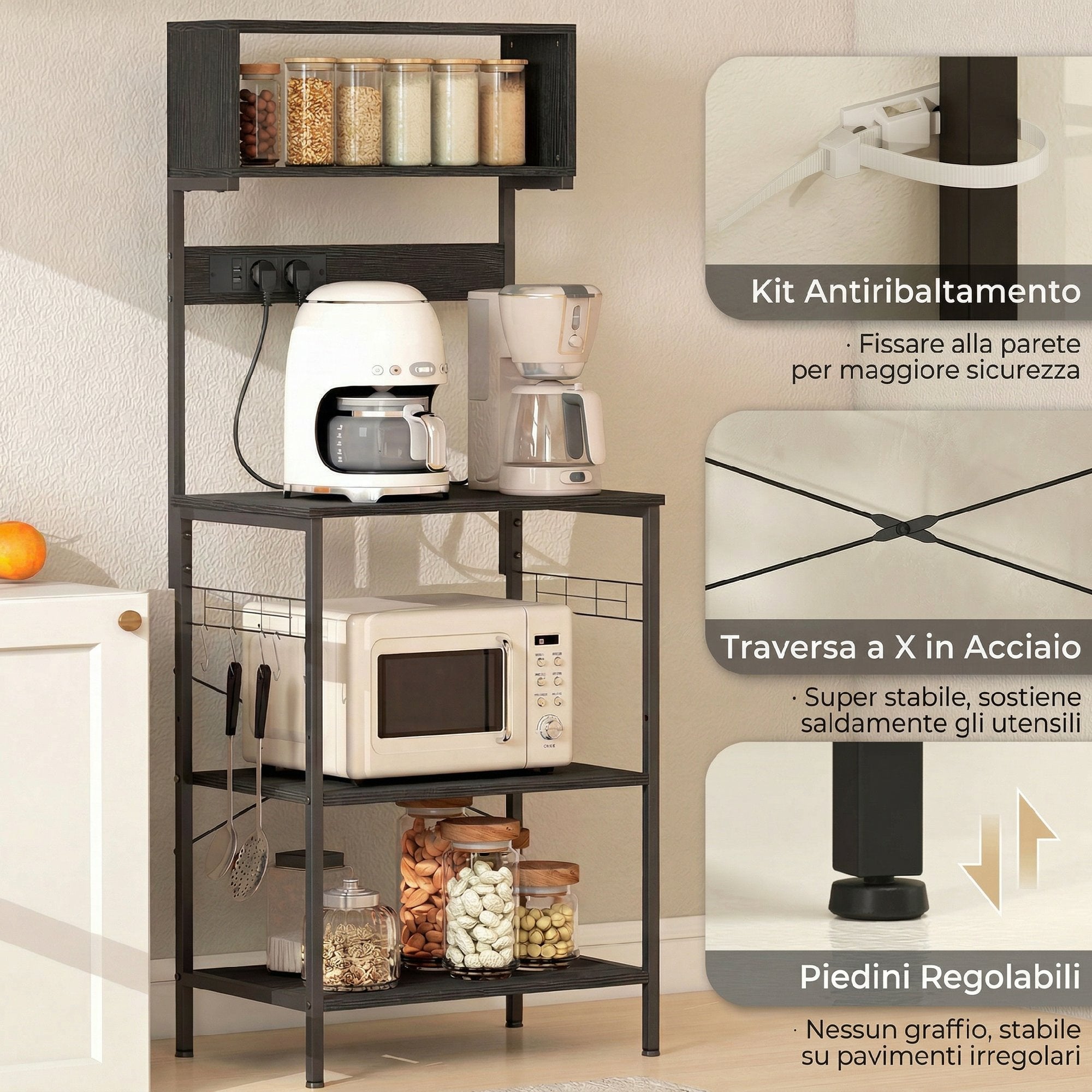 HOMCOM Industrial Kitchen Shelf with Microwave Socket, Shelves and Hooks, Wood and Steel, Black