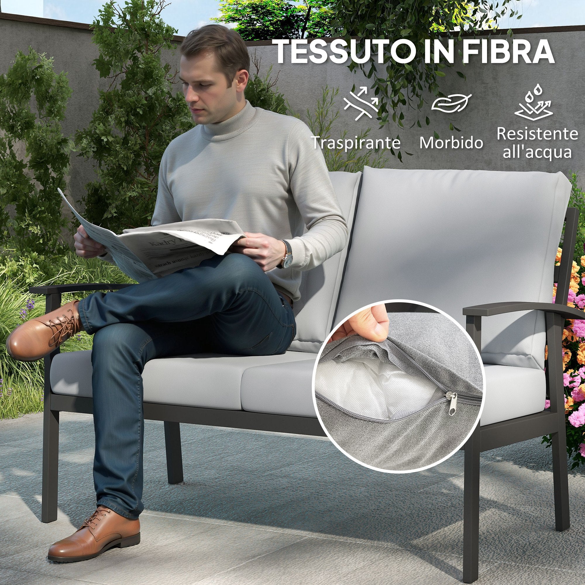 DULA | 4 Piece Garden Set with 2 Armchairs, 2 Seater Sofa and Coffee Table, in Aluminum and Fiber, Charcoal Gray