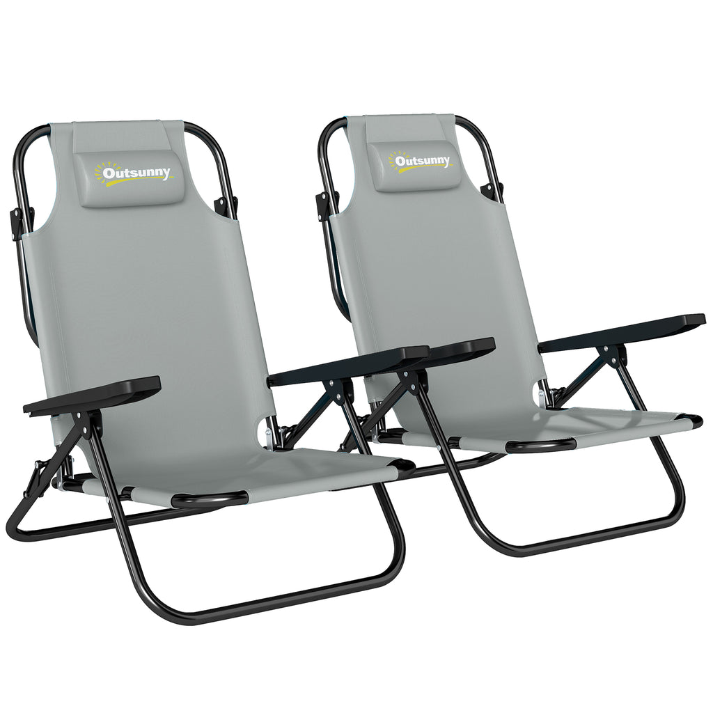 Outsunny Set of 2 Portable Camping Chairs, Folding Beach Chairs, Adjustable Backrest, Light Grey.