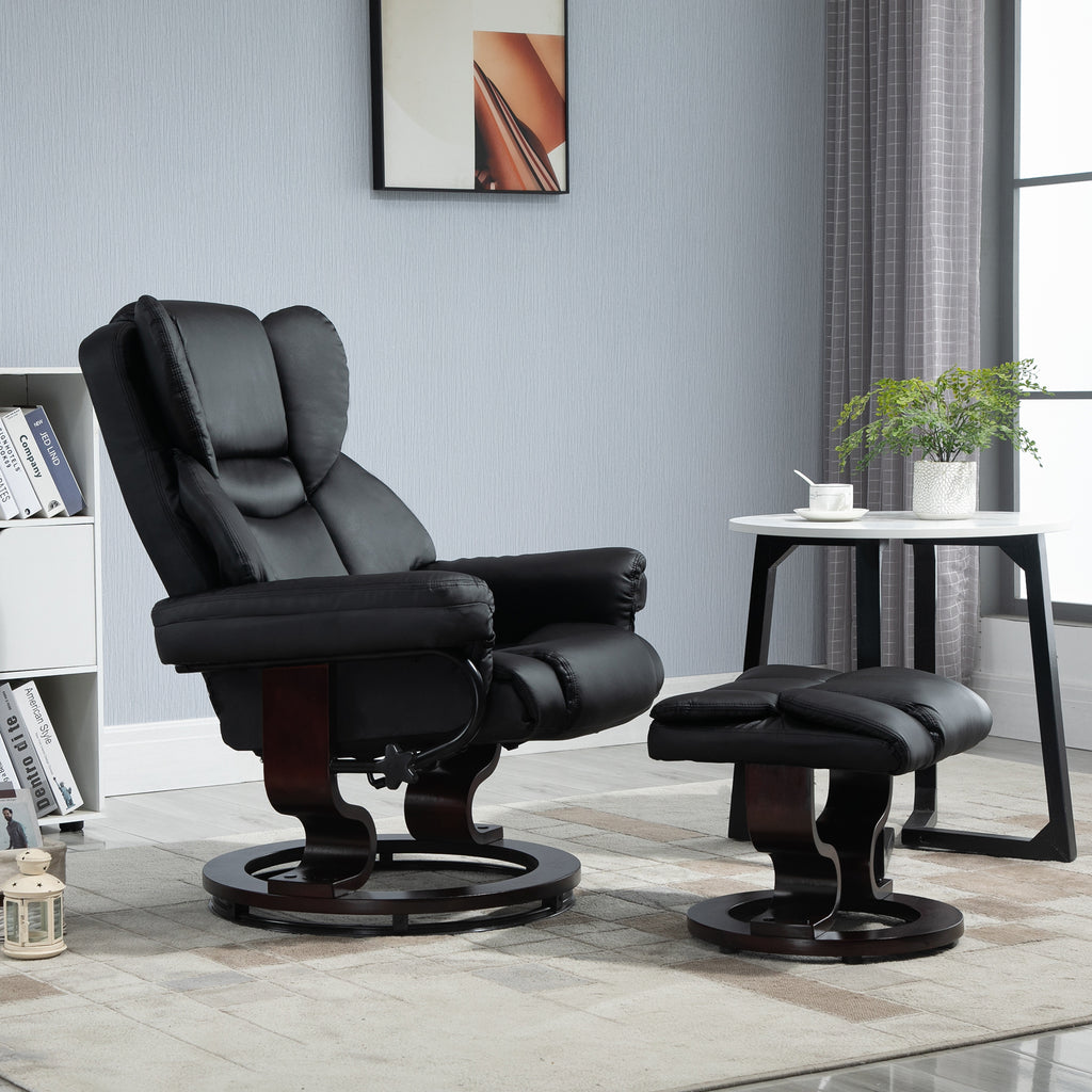 Relaxing Chair and Footstool, 145° Reclining with Swivel Seat in Faux Leather, Black