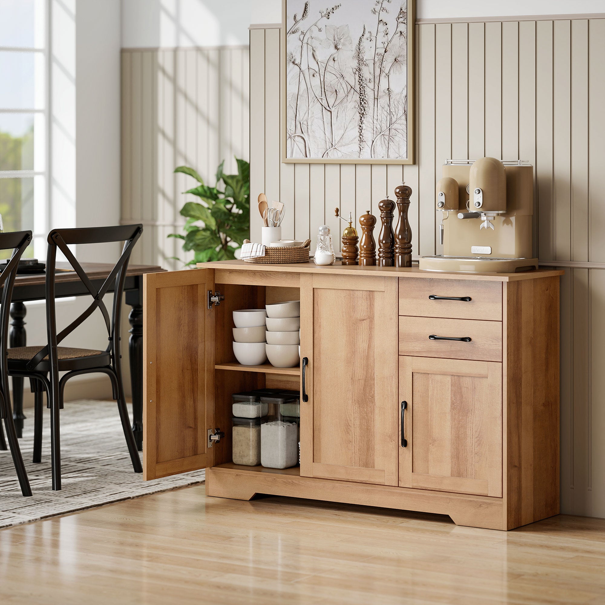 Kitchen Cabinet with 2 Drawers and 3 Cabinets, Adjustable Shelves, 120x38x79 cm, Oak