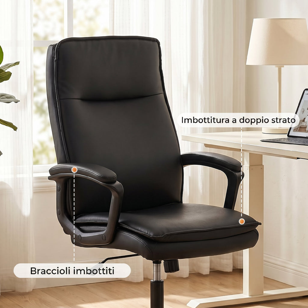 HOMCOM PU Leather Swivel Office Chair, Rocking Function, High Back, Adjustable Height, 120kg Capacity, Black