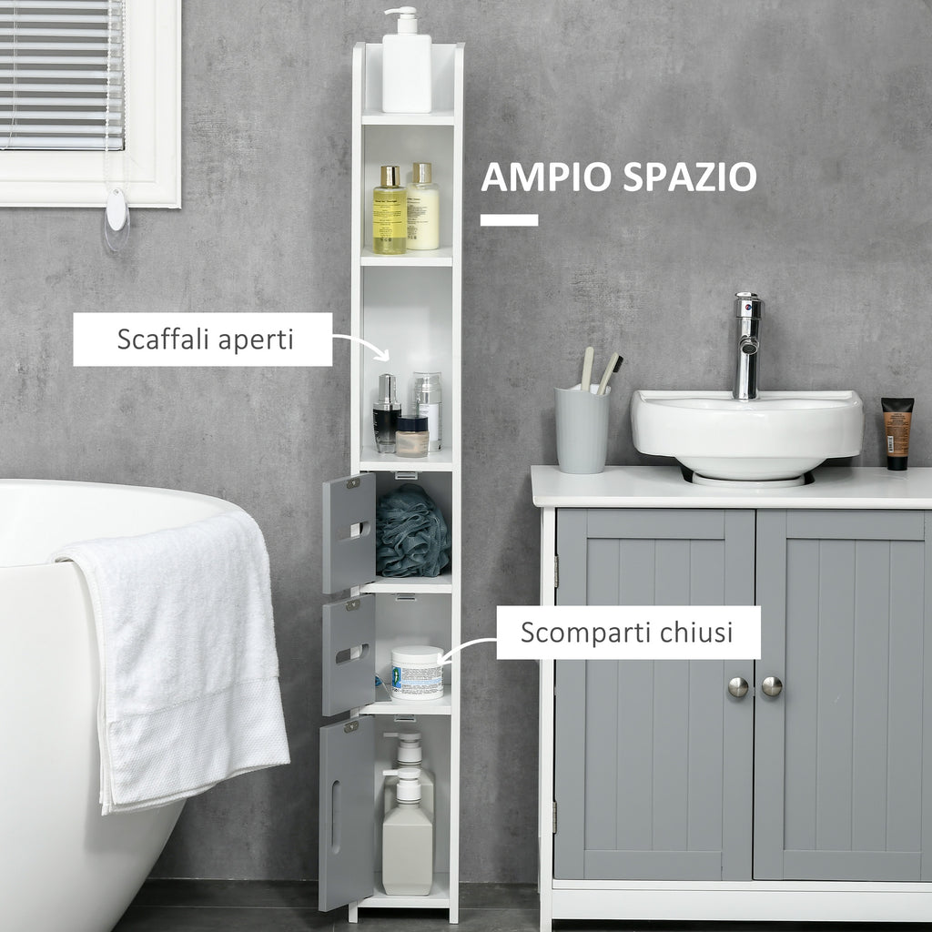 kleankin Bathroom Column with Shelves and Cabinets, Space-Saving Tall Wooden Cabinet 15x17x120cm, White and Grey