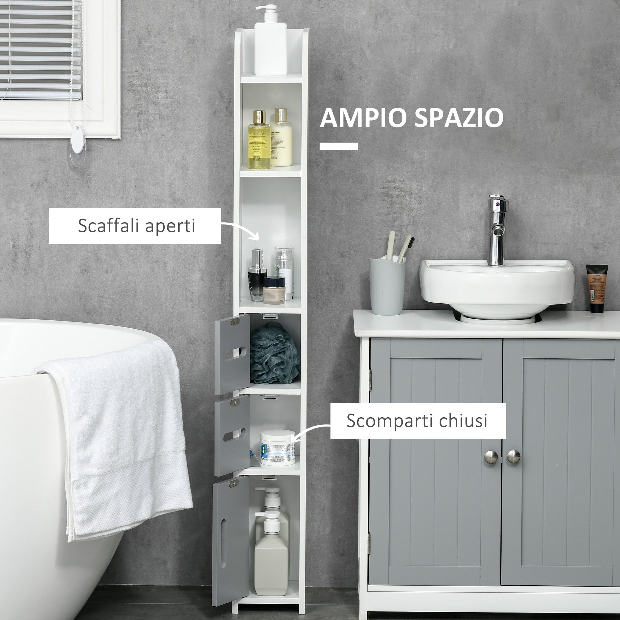 kleankin Bathroom Column with Shelves and Cabinets, Space-Saving Tall Wooden Cabinet 15x17x120cm, White and Grey