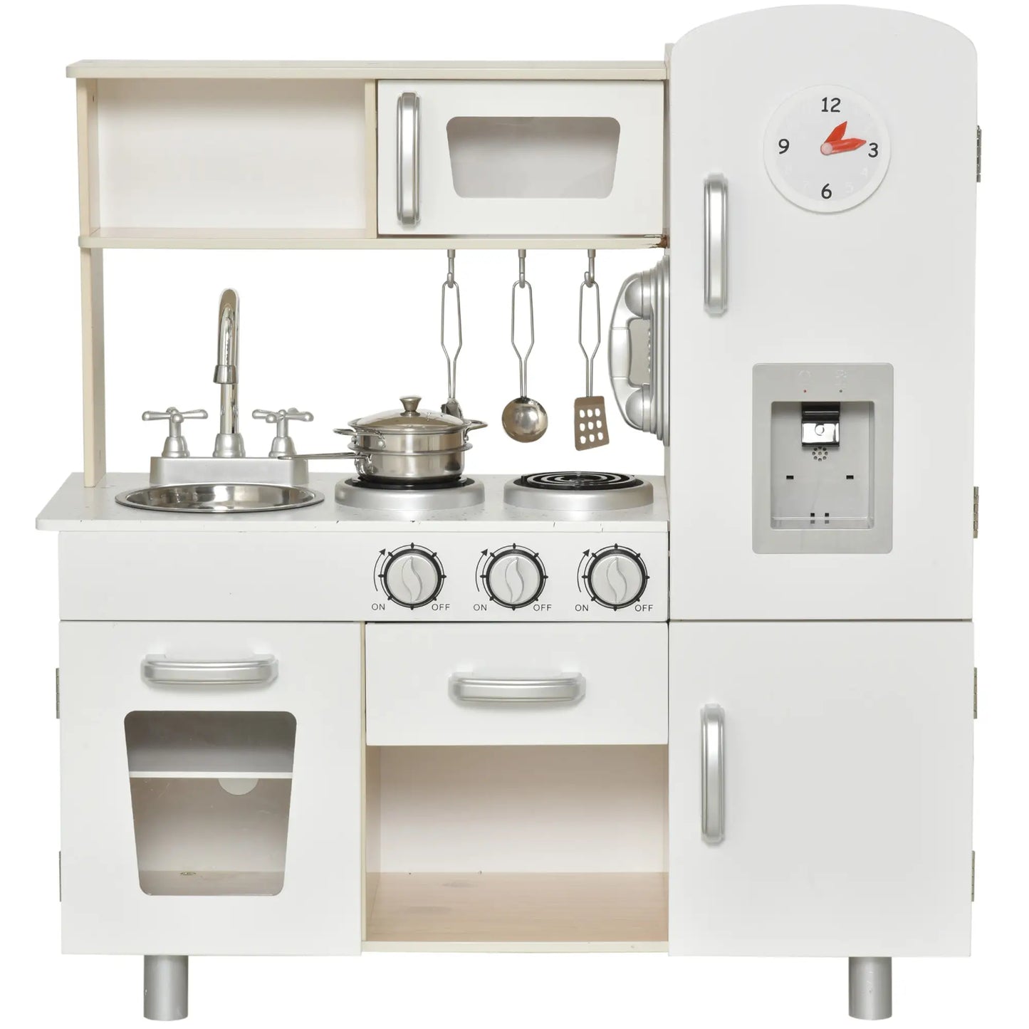 Wooden Toy Kitchen for Children with Sink and Stove, Steel Pots and Utensils, 74x30x81cm, White