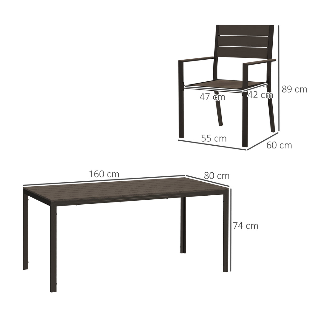 Outdoor Set with Rectangular Dining Table and 6 Stackable Chairs with Armrests, Brown