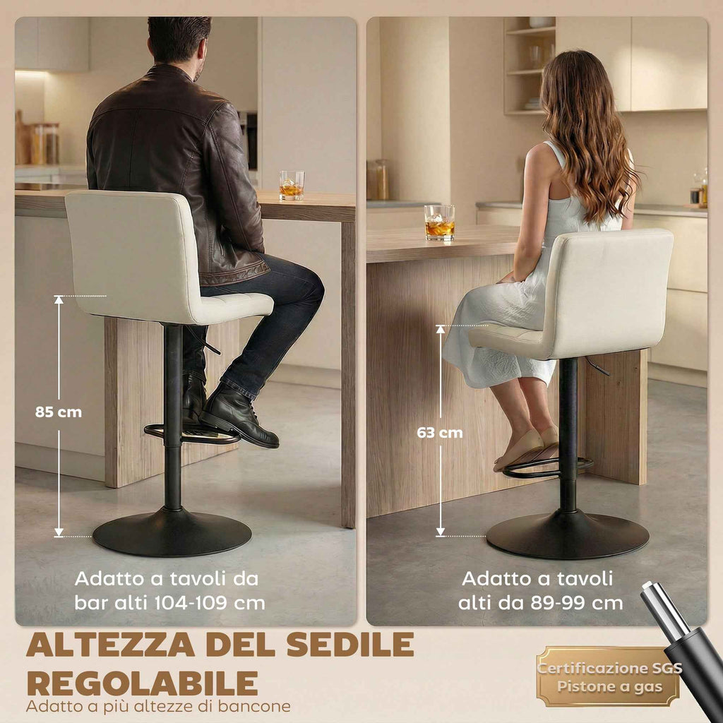 Set of 2 Adjustable Bar Stools with Footrest, PU Leather and Steel, 39.5x44x88-110 cm, Cream