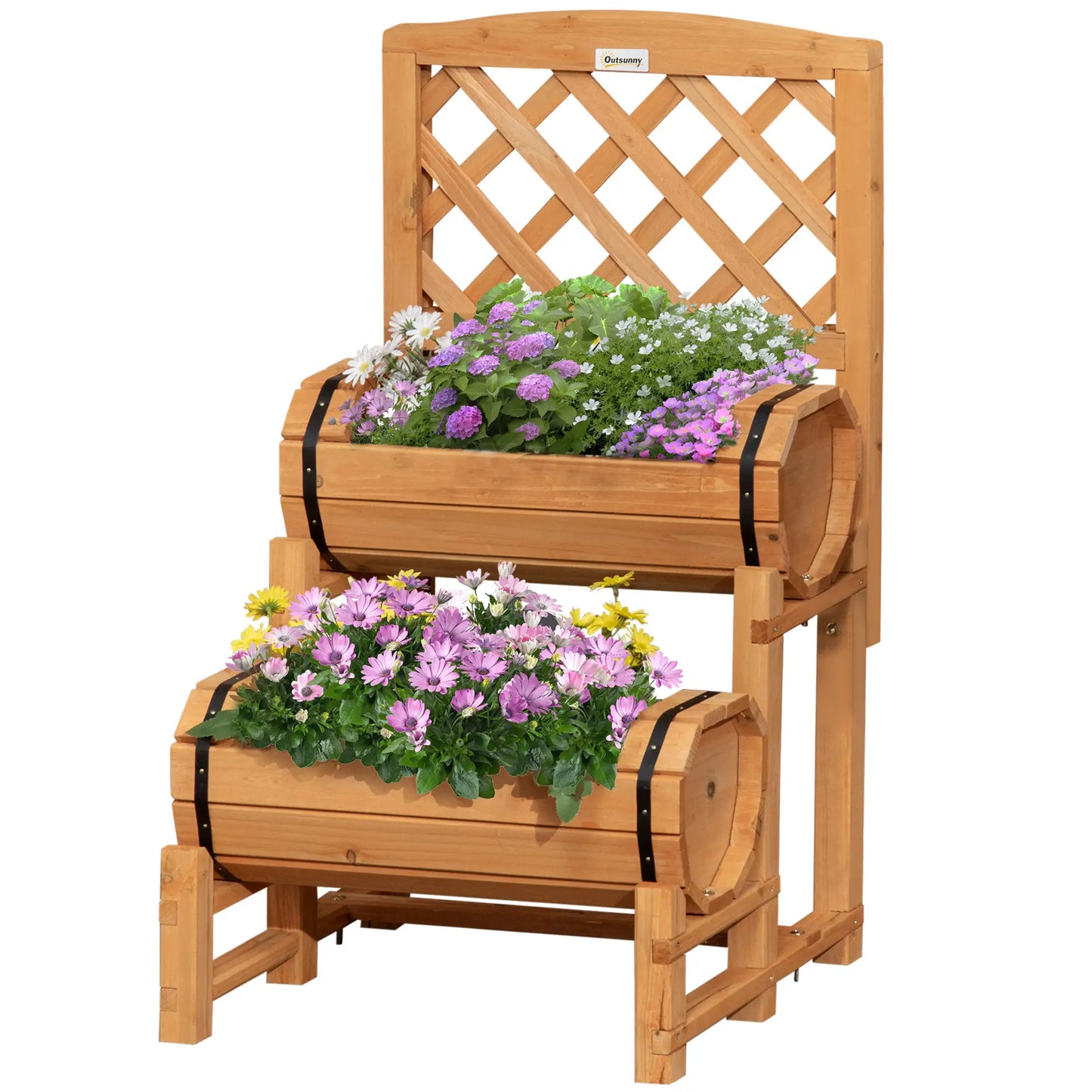 Outsunny Half Barrel Outdoor Planter in Fir Wood with Raised Vertical Design, 45x45x80 cm