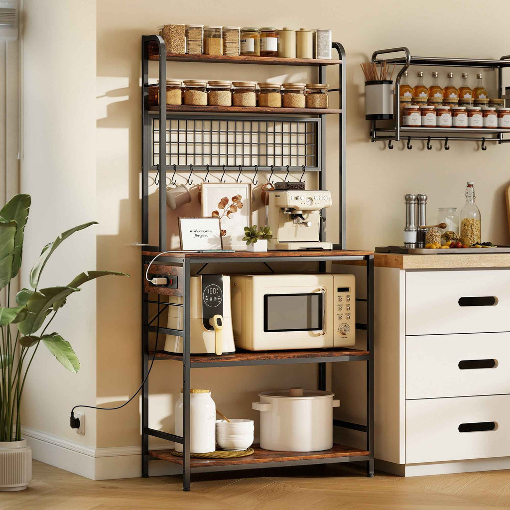 HOMCOM Kitchen Shelf with Charging Station, 5 Shelves and 10 S-Hooks, Wood and Steel, 80x40x170 cm, Brown