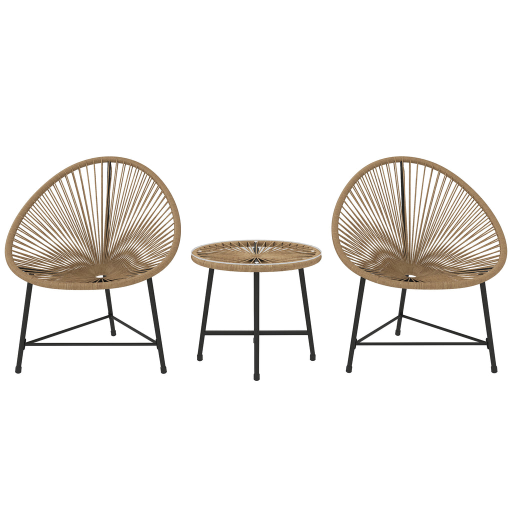 3 Piece PE Rattan and Steel Garden Set with 2 Oval Chairs and Coffee Table, Black and Wood Color
