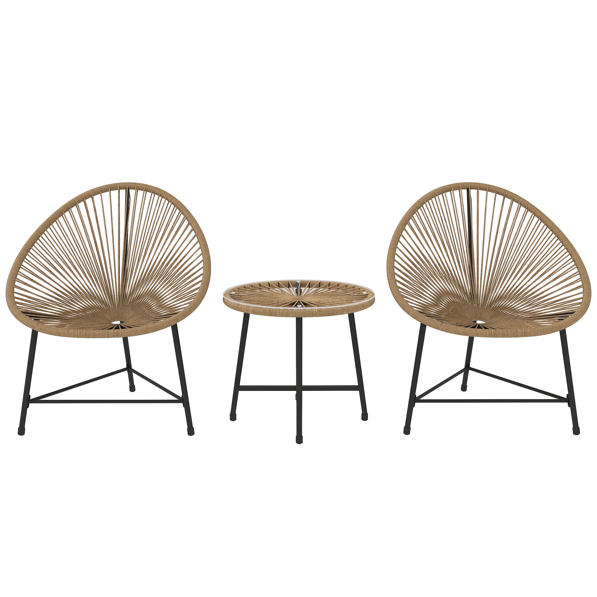 3 Piece PE Rattan and Steel Garden Set with 2 Oval Chairs and Coffee Table, Black and Wood Color