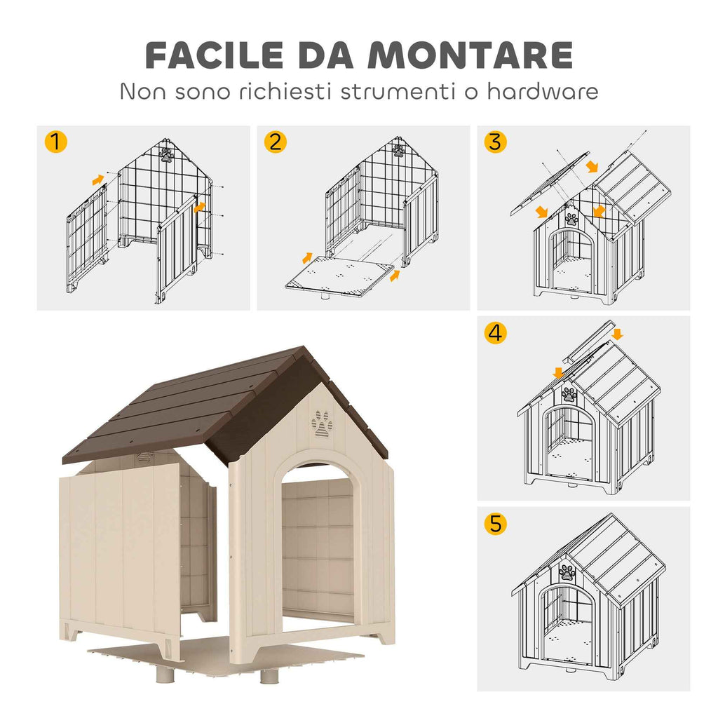 PawHut Raised Dog Kennel with Sloped Roof and Air Vents, PP, 102x94x103 cm, Beige and Dark Brown