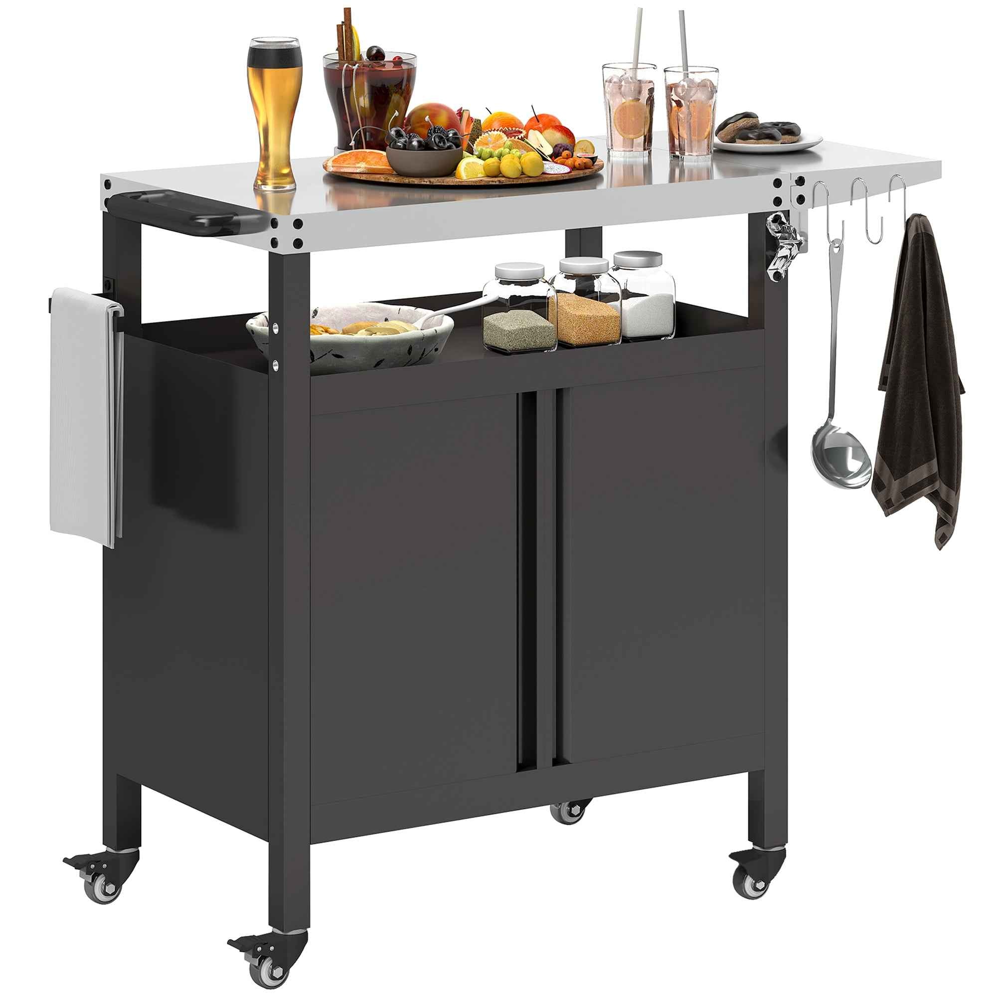 Outsunny Stainless Steel Barbecue Cart with Cabinet, Open Shelf and Side Table, 116x50x93 cm, Black