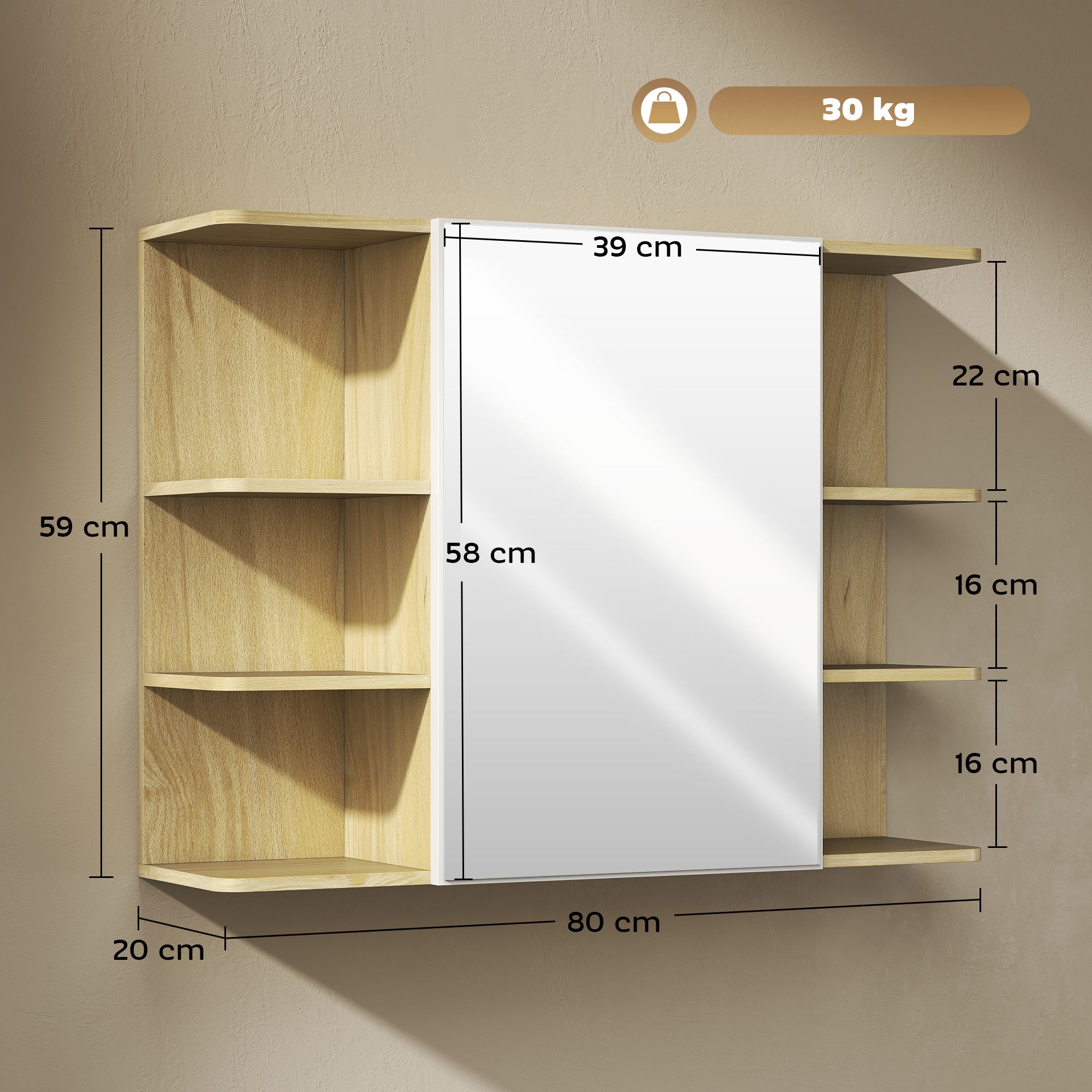 Bathroom Mirror with 2-Tier Cabinet and 6 Open Compartments, 80x20x59 cm, Wood