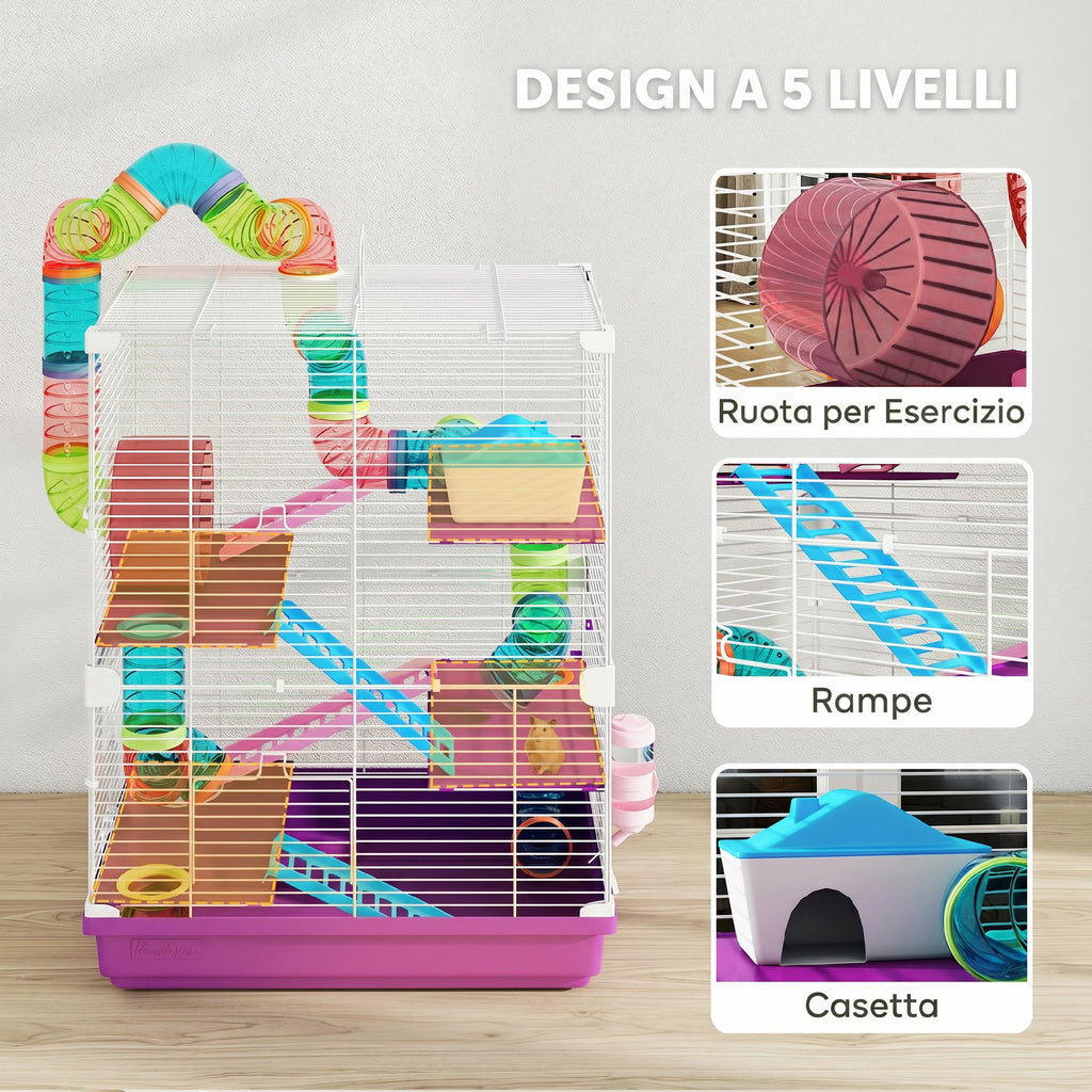 PawHut 5-Level Hamster Cage with Tubes, Wheel, Ladders, House and Bottle, 46x30x58 cm, Purple