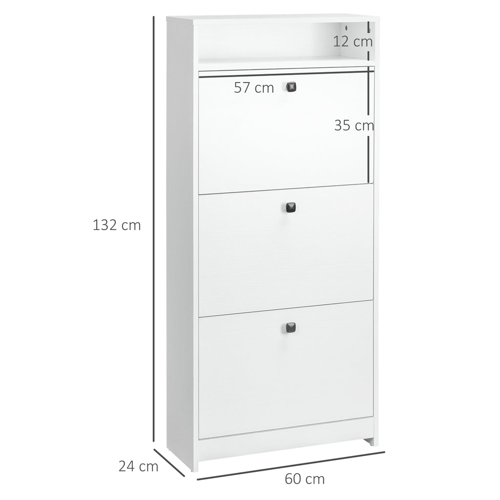 Shoe Rack with 3 Tilt Compartments (18 Pairs of Shoes) and 1 Storage Shelf, White Chipboard, 60 x 24 x 132 cm