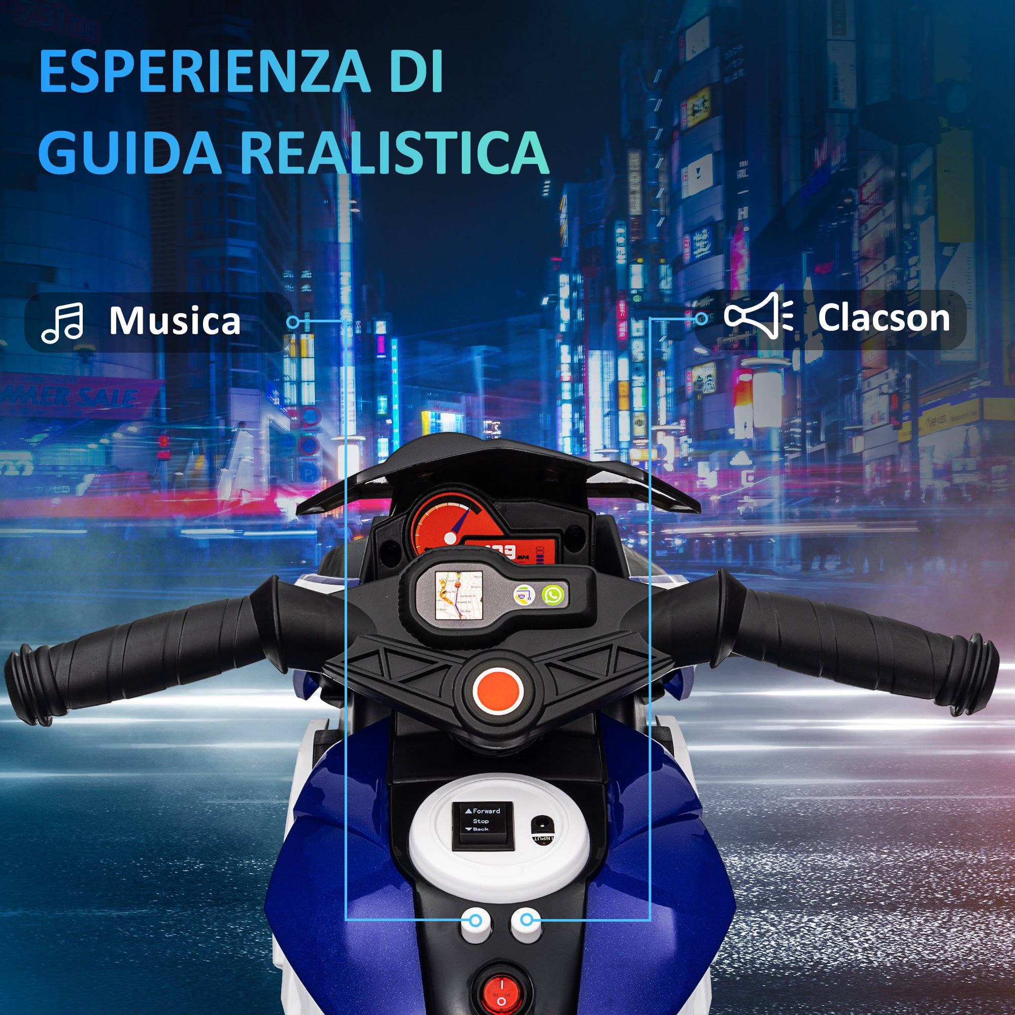 Electric Motorcycle for Children 3-5 Years Max. 25kg with Lights, Music, 6V Battery and 3km/h Speed, 86x42x52 cm Blue