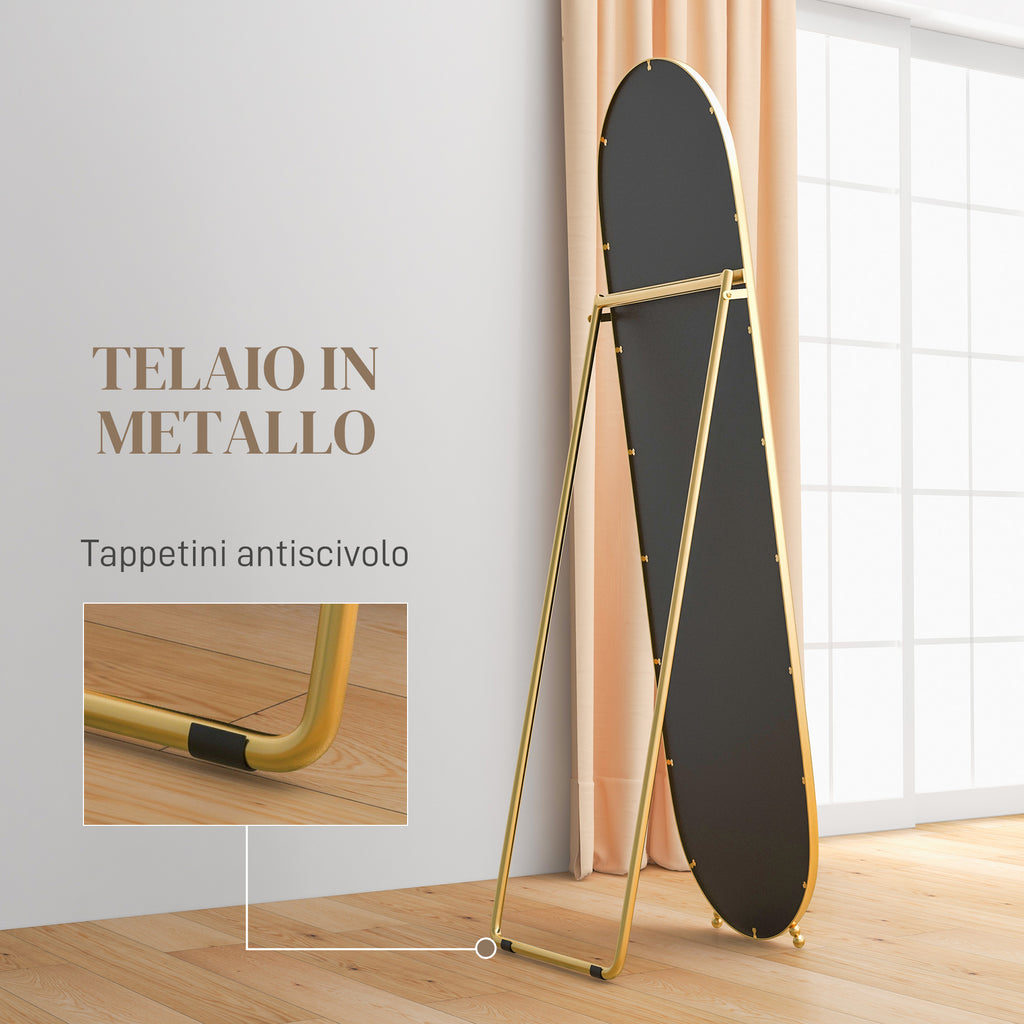 Oval Vertical Floor Mirror with Stand, in Glass and Metal, 40x41x159 cm, Gold Tone
