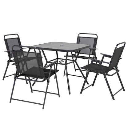 Outsunny garden set with 4 folding chairs with armrests and table with hole for umbrella, black - Borgè