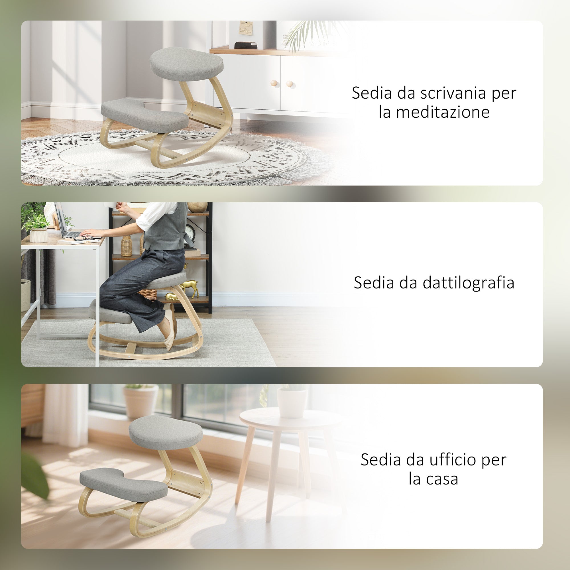 Rocking Kneeling Chair, Fabric and Birch Wood, 50x73x55 cm, Grey